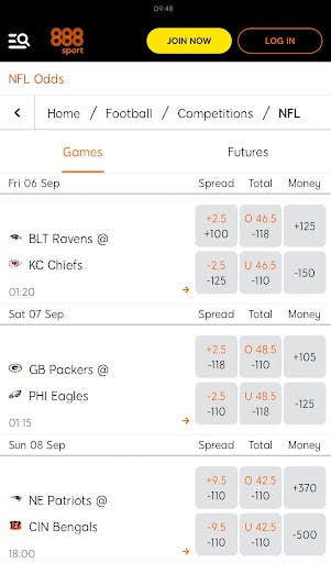 888Sport NFL betting CA