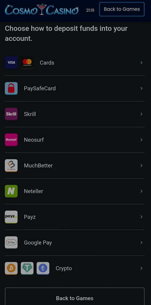 payment methods at cosmo casino