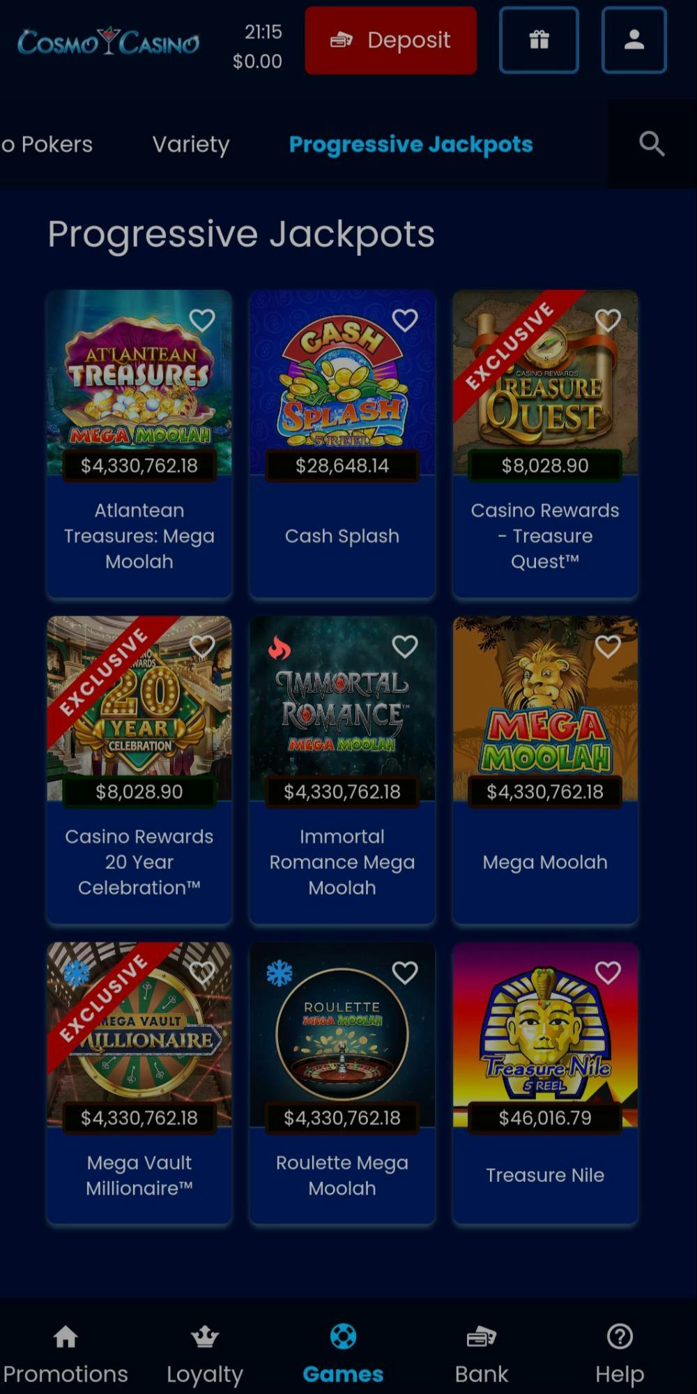 cosmo casino jackpots selection