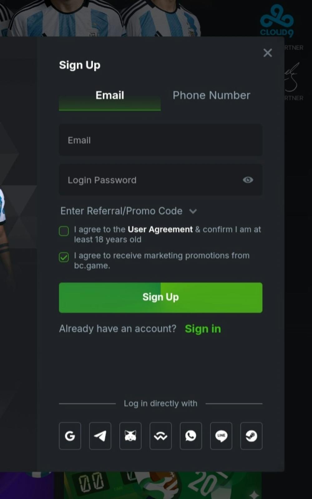 BC Game's account registration