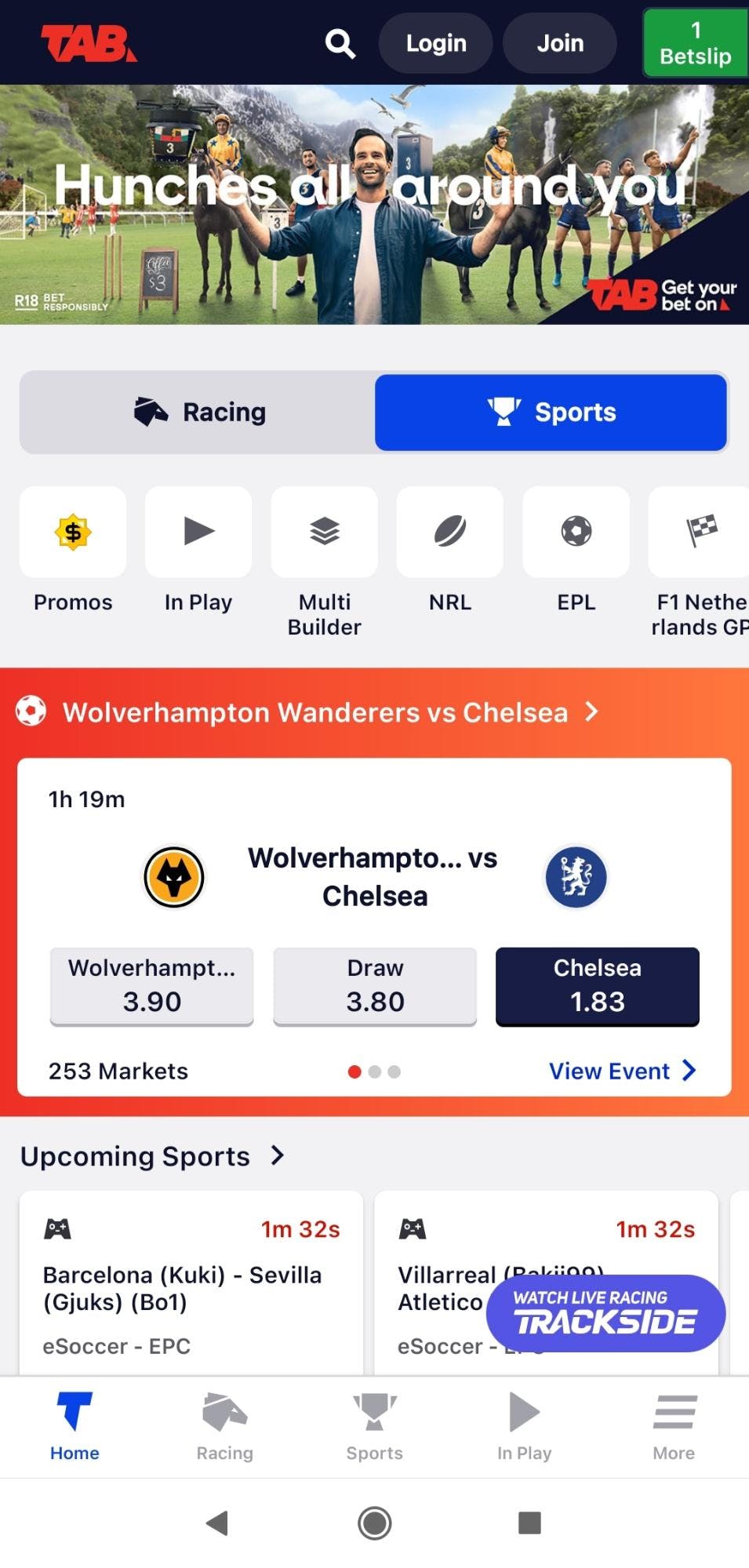 tab sportsbook home page on mobile