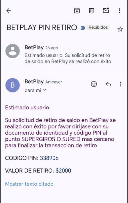 Betplay - email codigo retiro