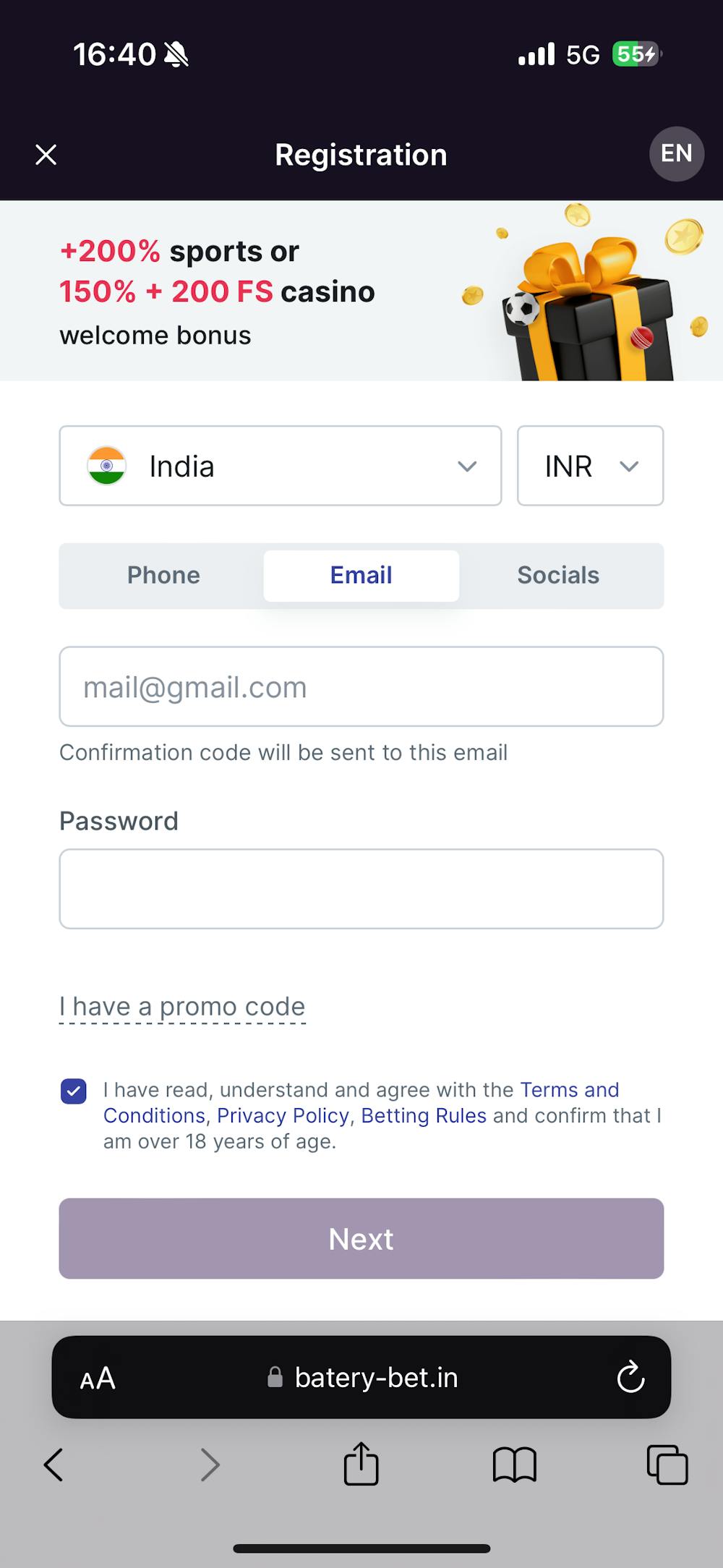 Baterybet Sign-up by Email