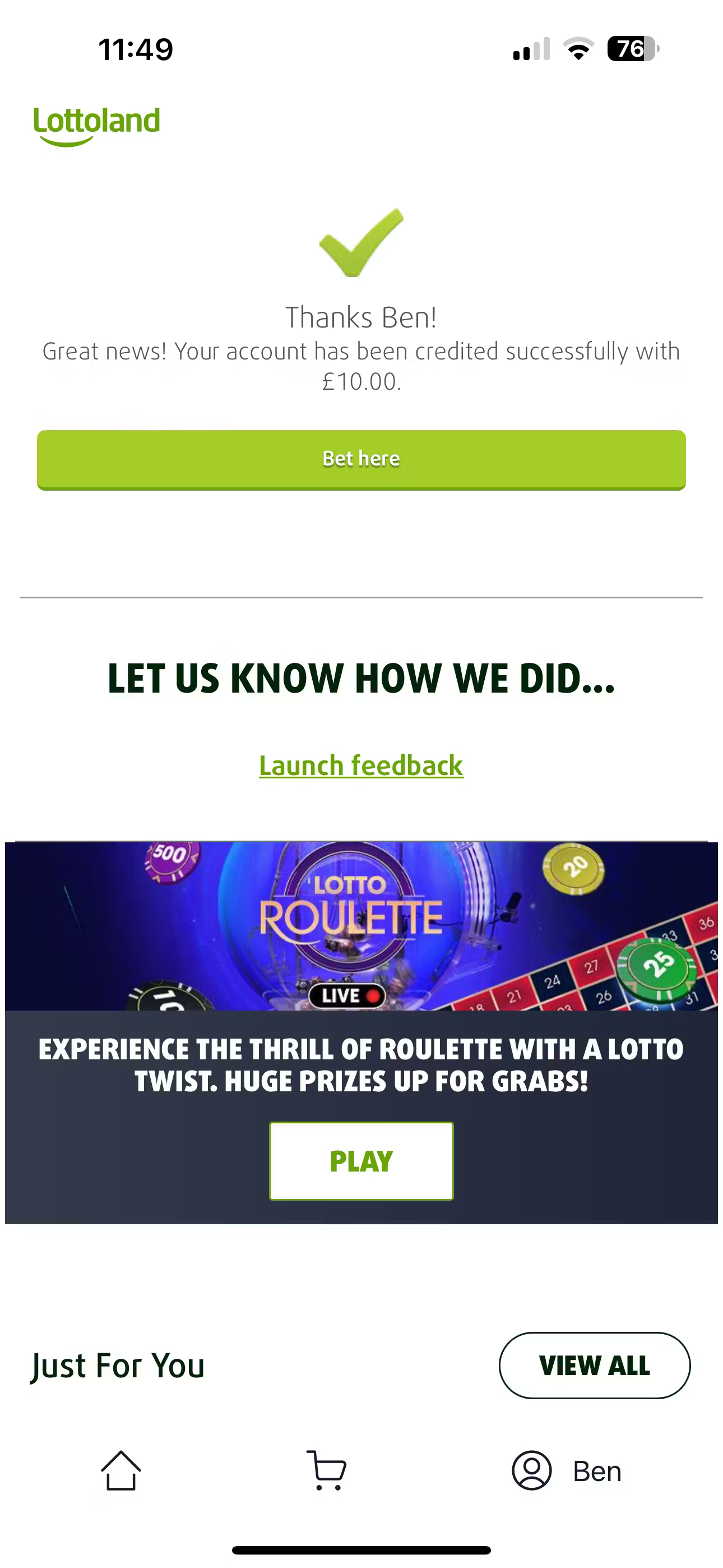 Lottoland UK deposit confirmation