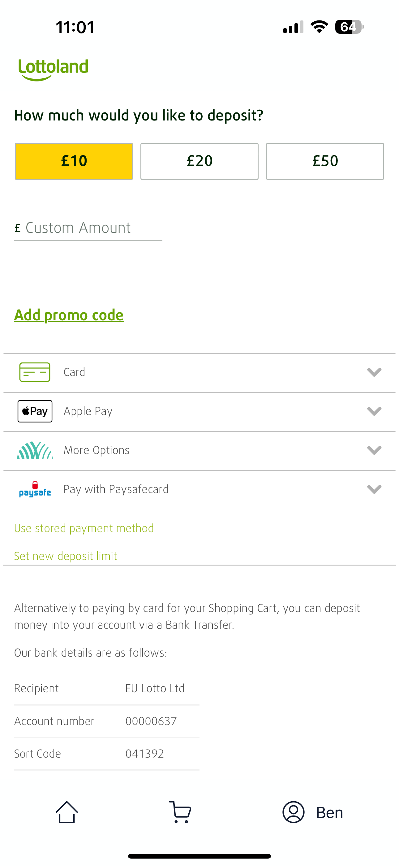 Lottoland UK Deposit Cashier