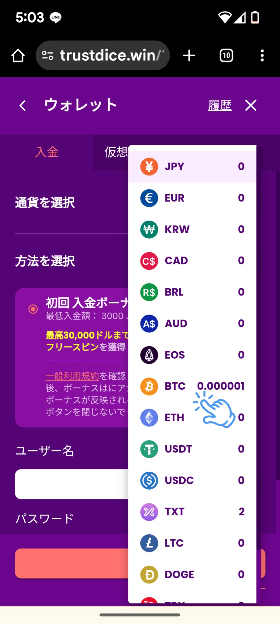 トラストダイス ビットコイン 入金手順 3