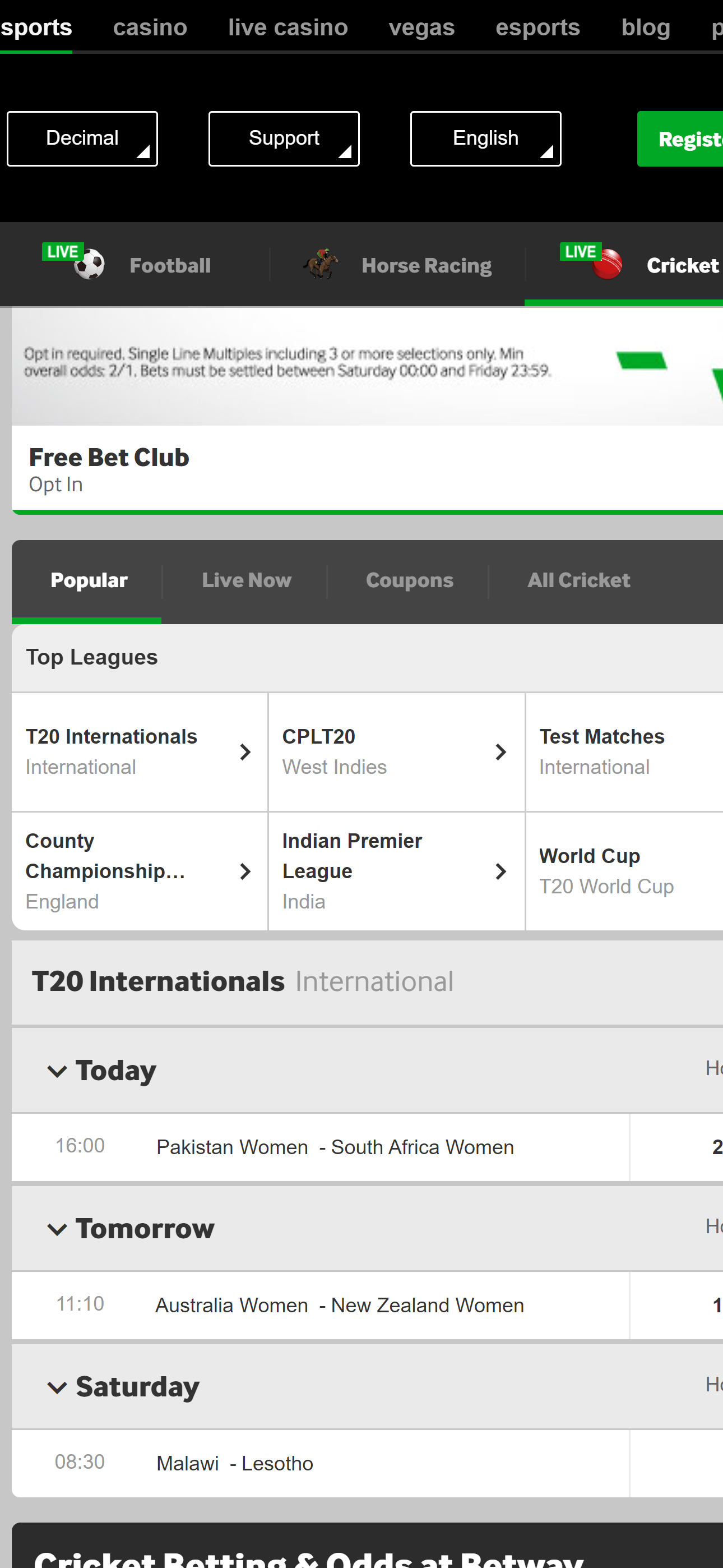 Betway cricket betting UK