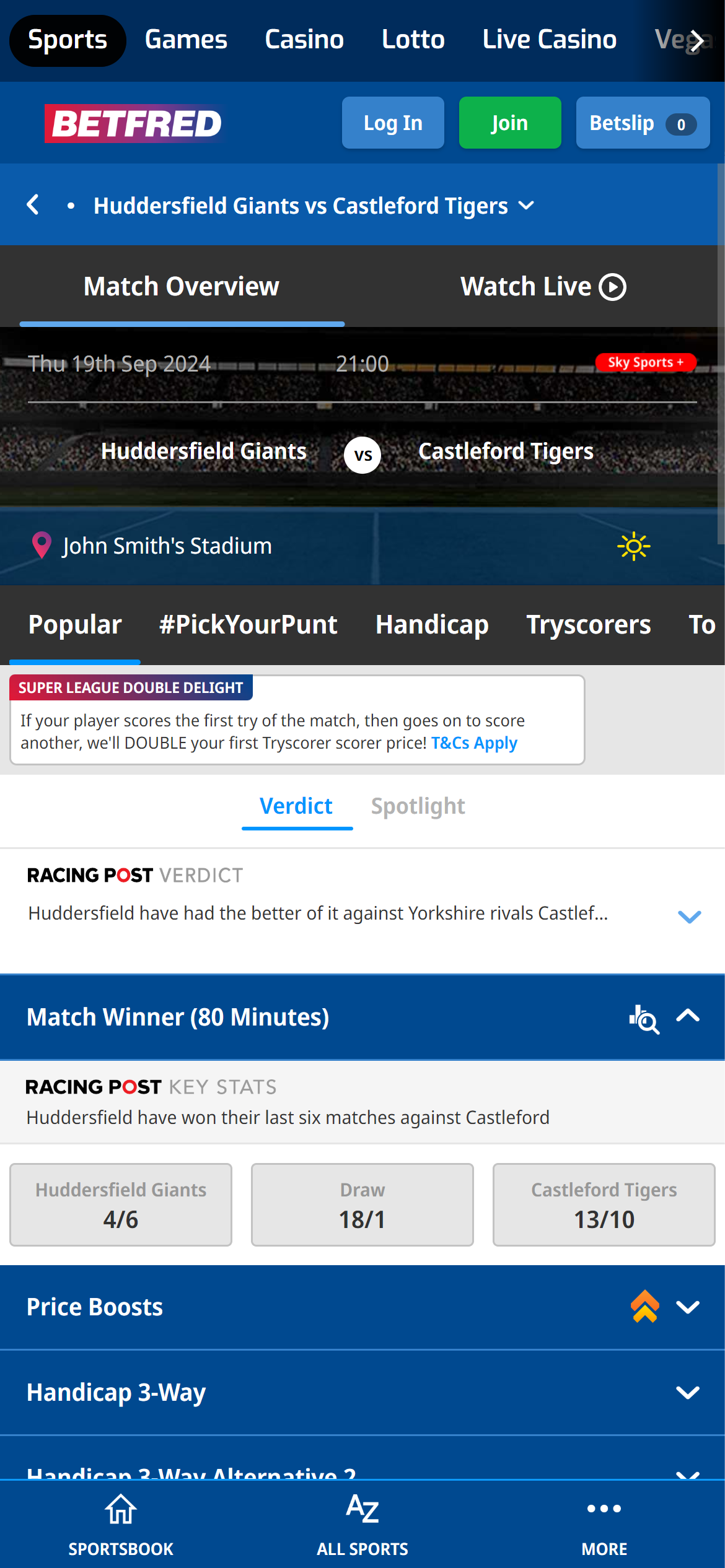 Betfred rugby league betting UK