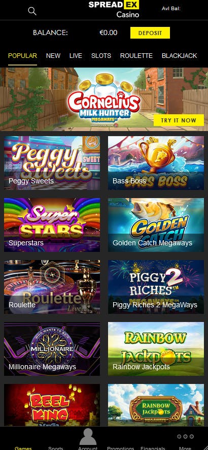 spreadex casino games selection on mobile