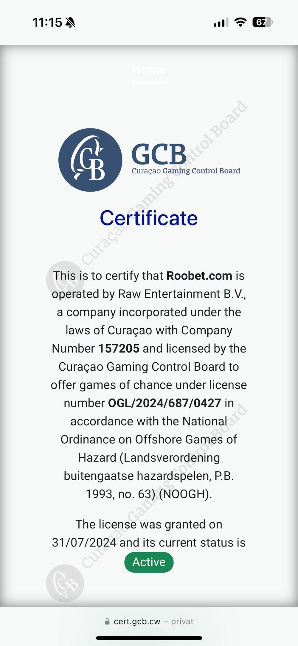 Roobet GCB Certificate