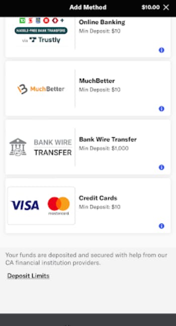 Screenshot showing BetMGM multiple payment options