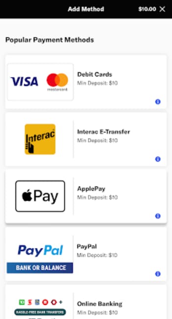 Screenshot showing BetMGM multiple payment options