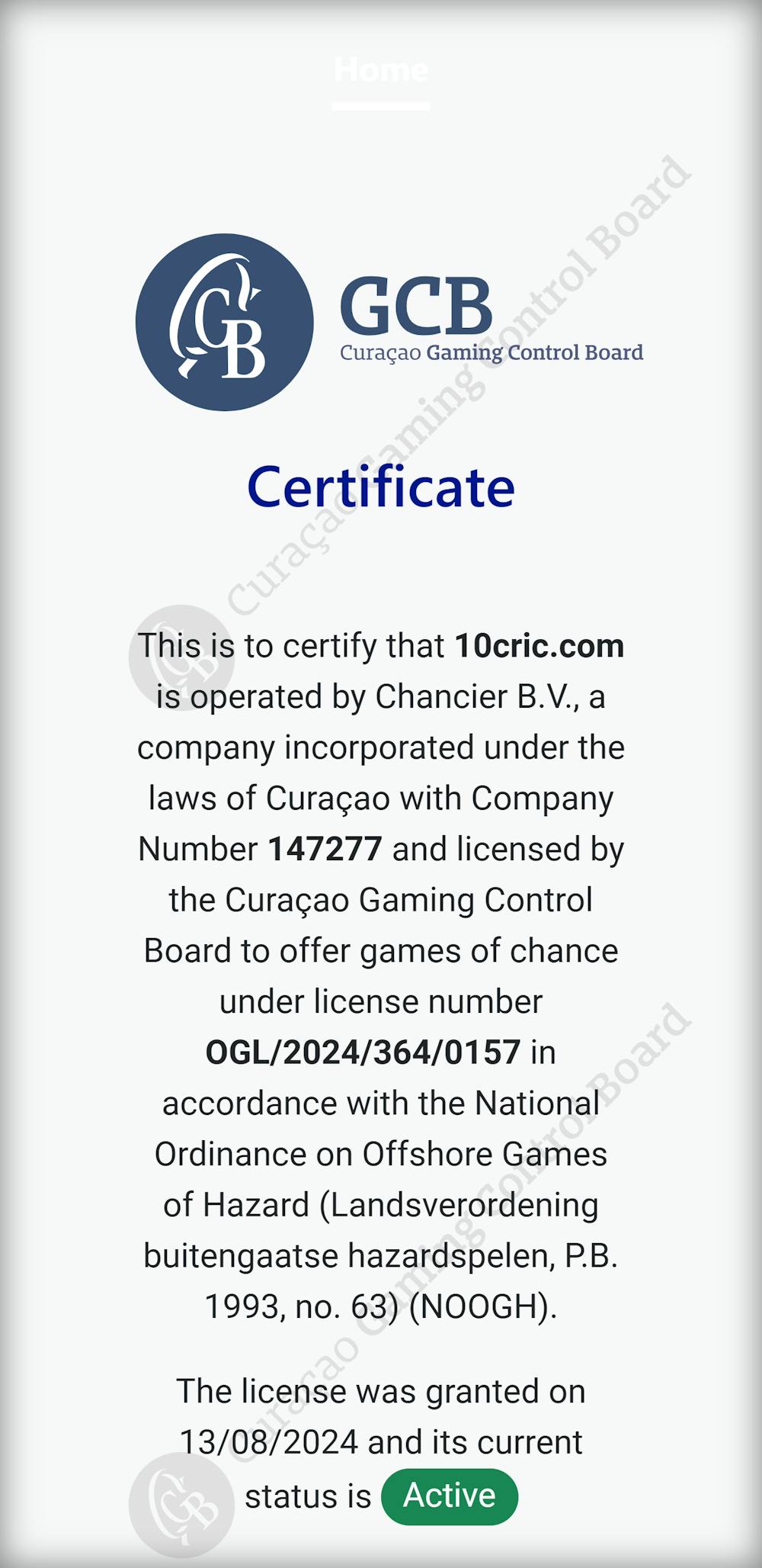 10cric GCB certificate