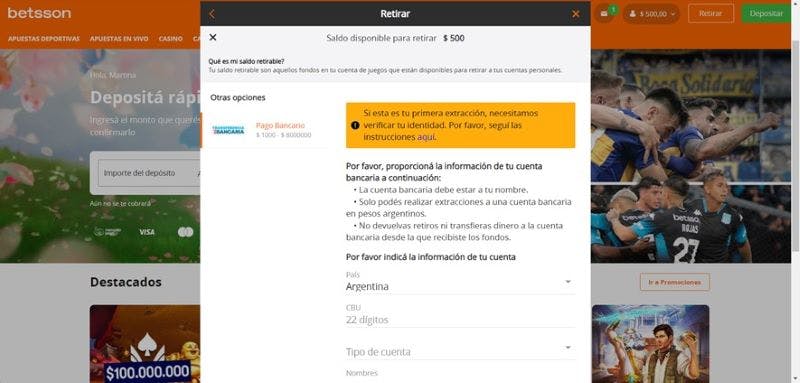 Betsson - hacer un retiro paso 2