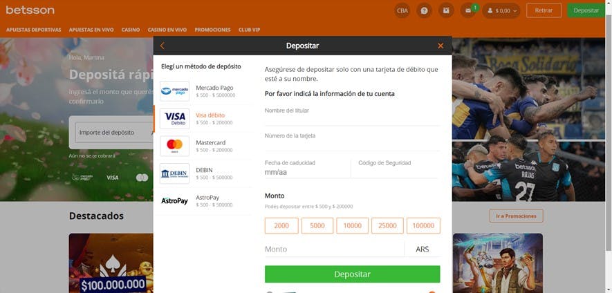 Betsson Argentina - depósito paso 1