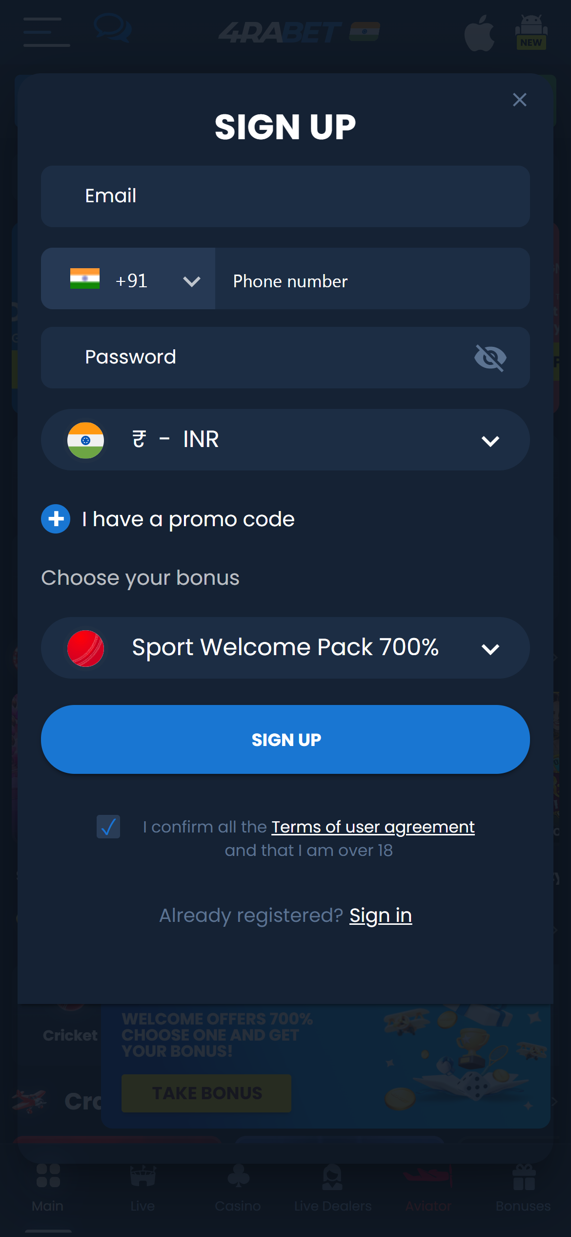 4raBet Registration 1