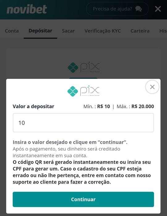 Novibet - Como fazer um depósito - passo 3