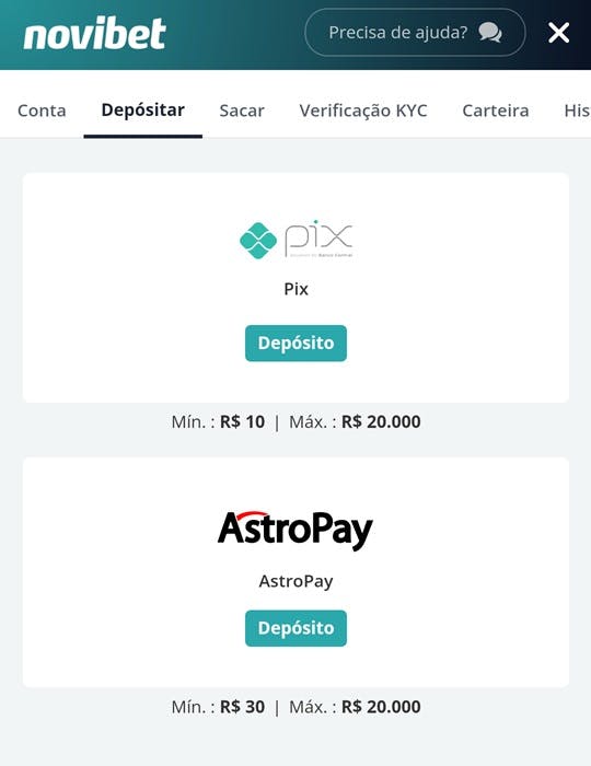 Novibet - Como fazer um depósito - passo 2