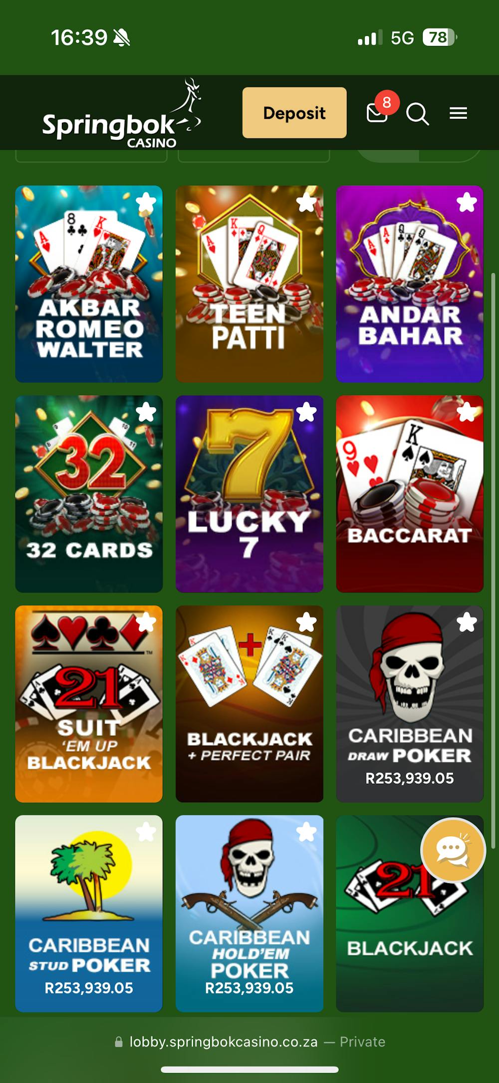 Springbok Casino Table Games