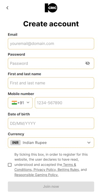 10CRIC Registration India 1