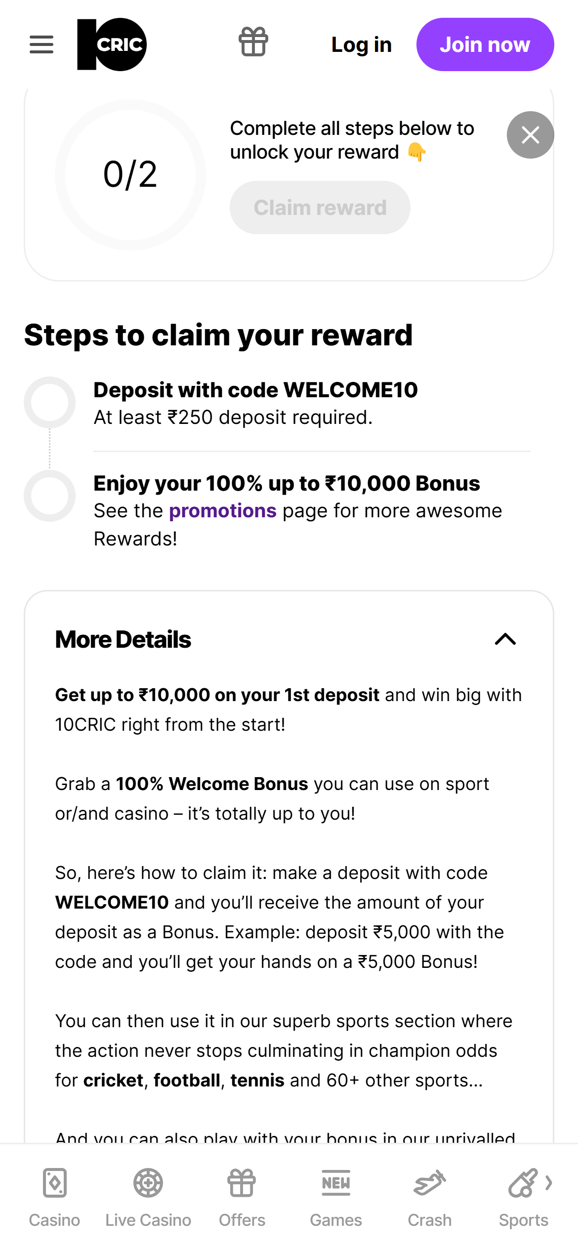 10CRIC bonus terms