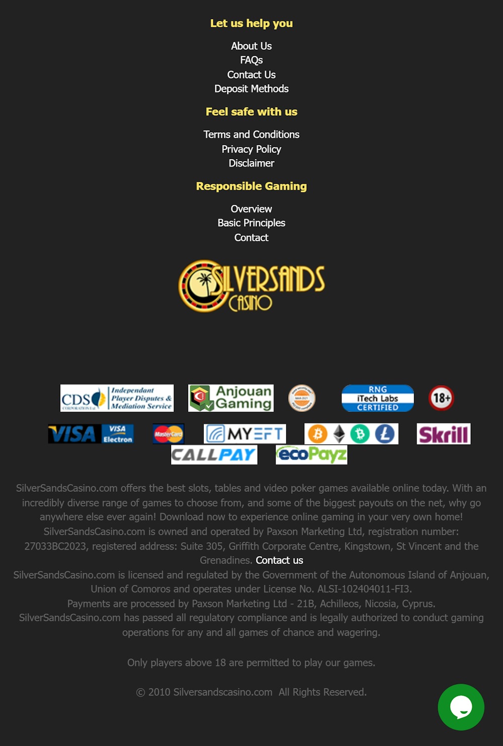 Silversands Casino Legal Statements