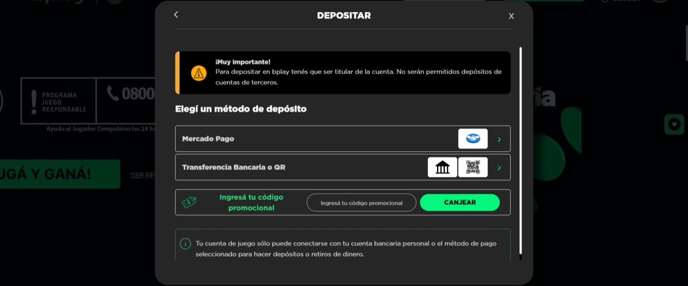 bplay argentina - depositar paso 2 elegir método de pago