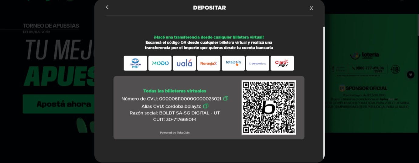 bplay argentina - depositar paso 3 pago con QR