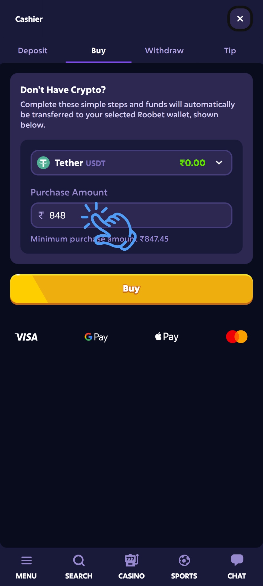 Roobet UPI to Crypto Step 4