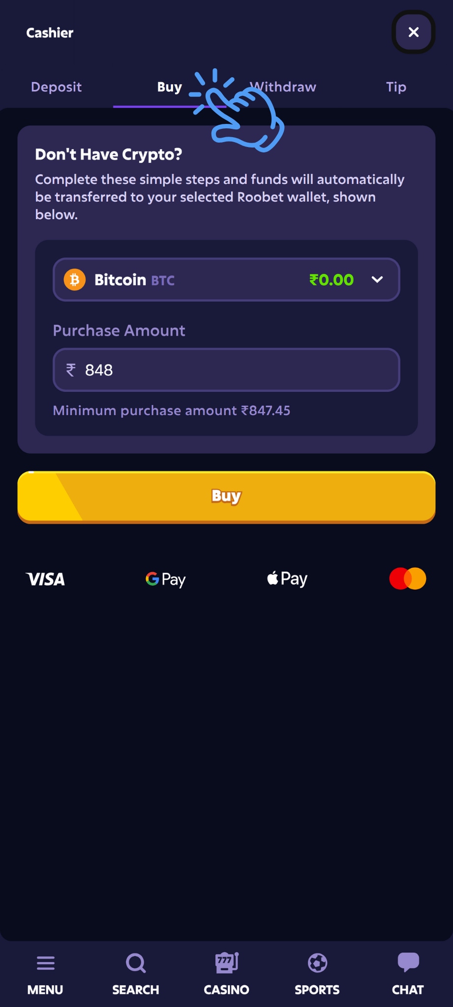 Roobet UPI to Crypto Step 2