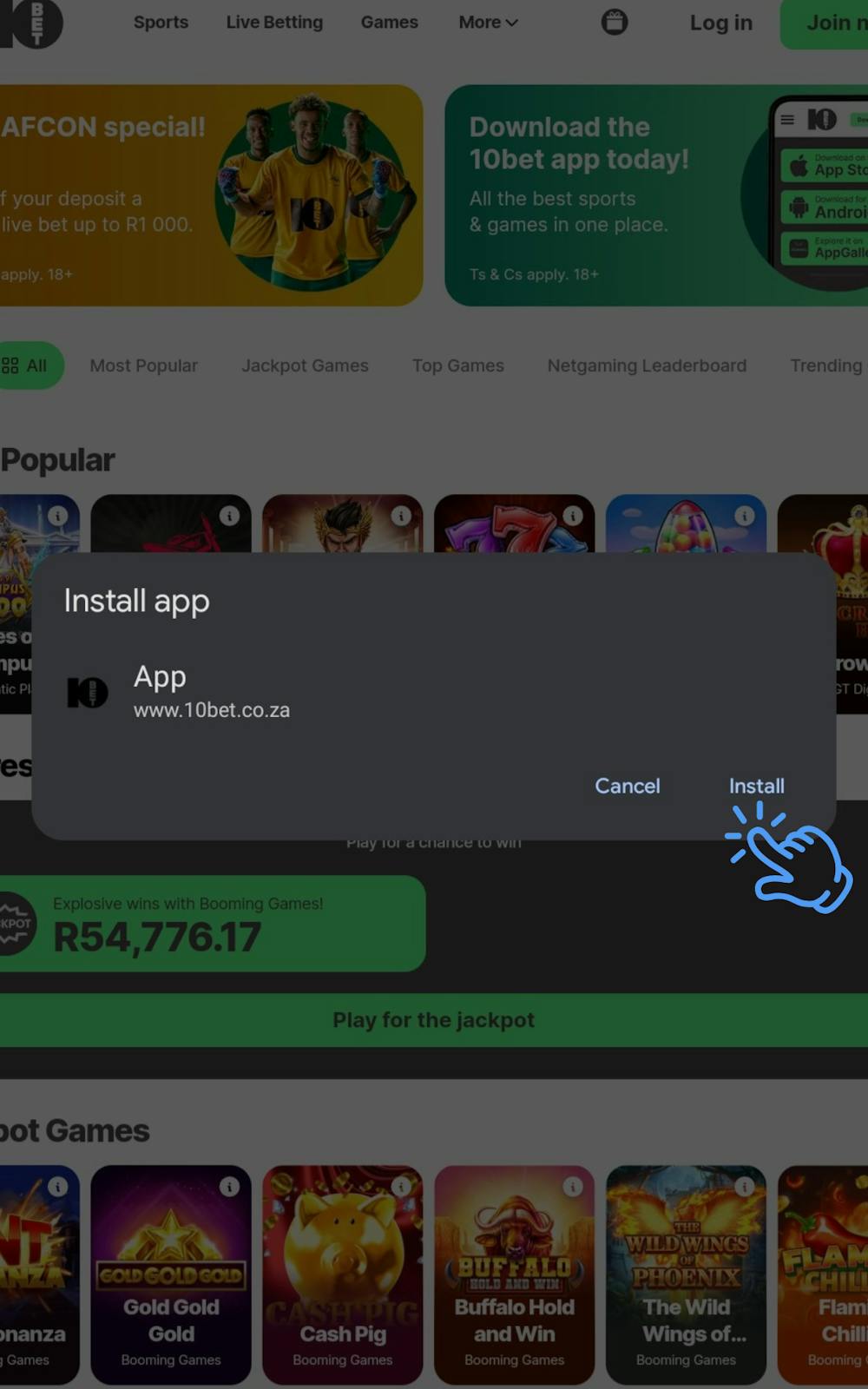 How to install 10bet ZA PWA Step 2