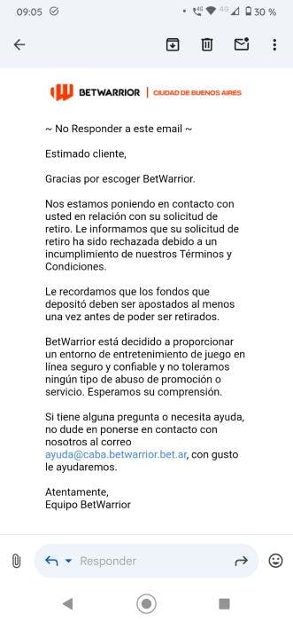 Rechazo del retiro por parte de Betwarrior