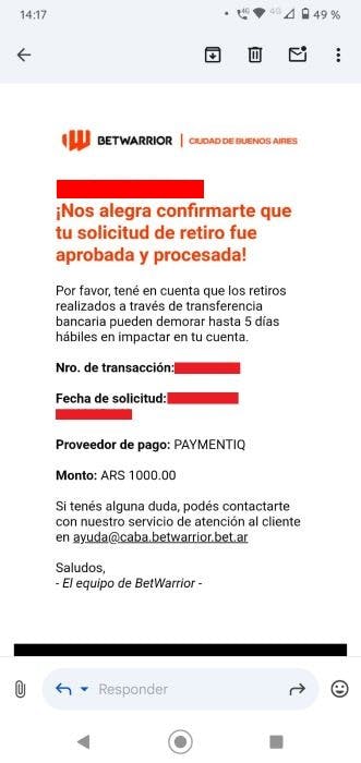 Betwarrior - Retiro aprobado