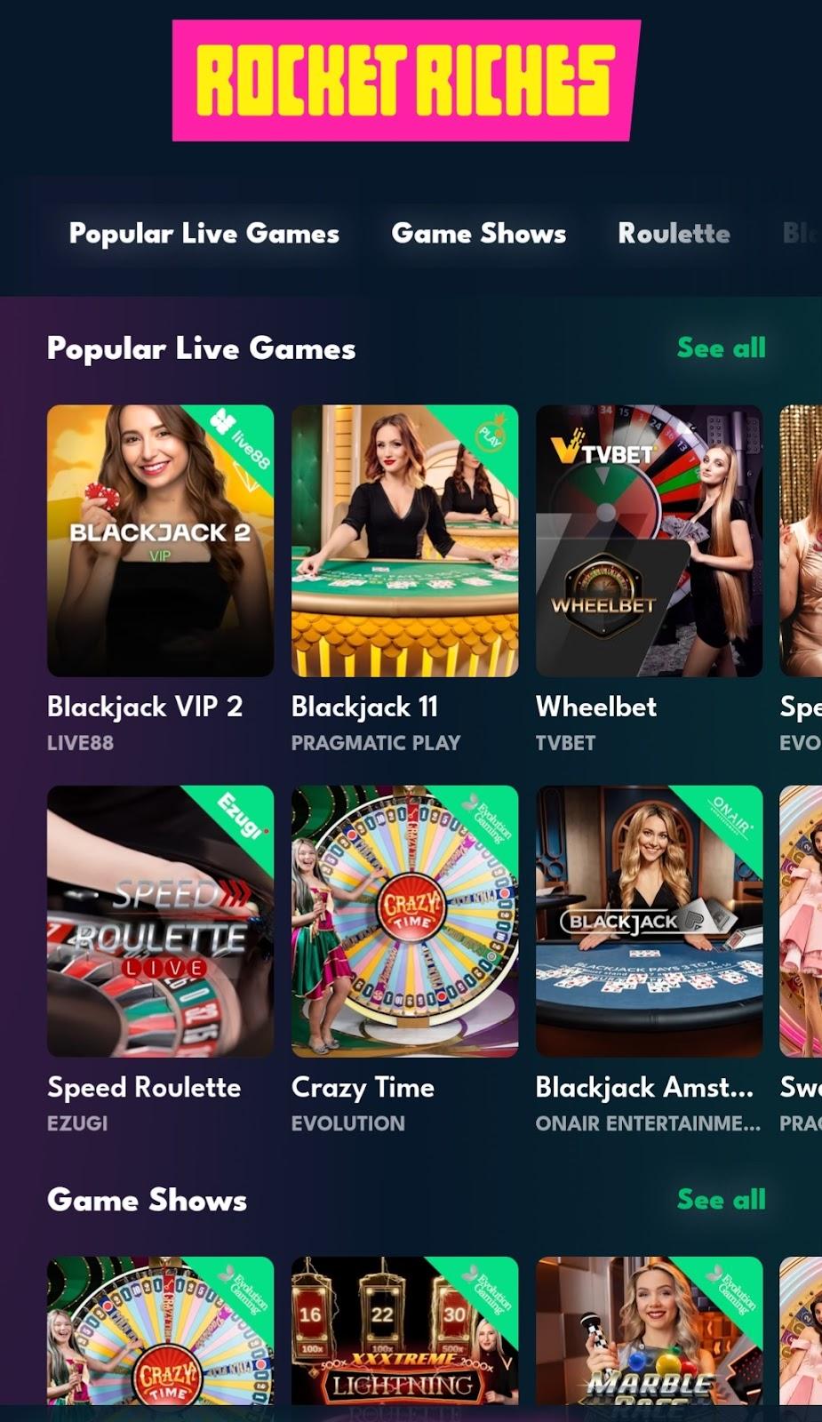 rocket riches live casino preview