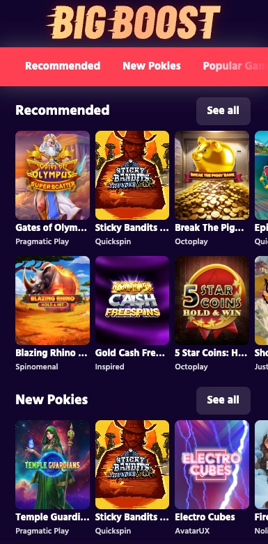 big boost online pokies selection