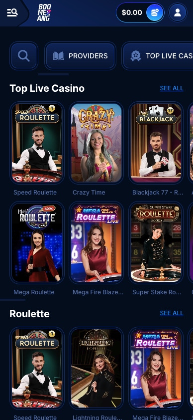 boomerang bet live casino selection