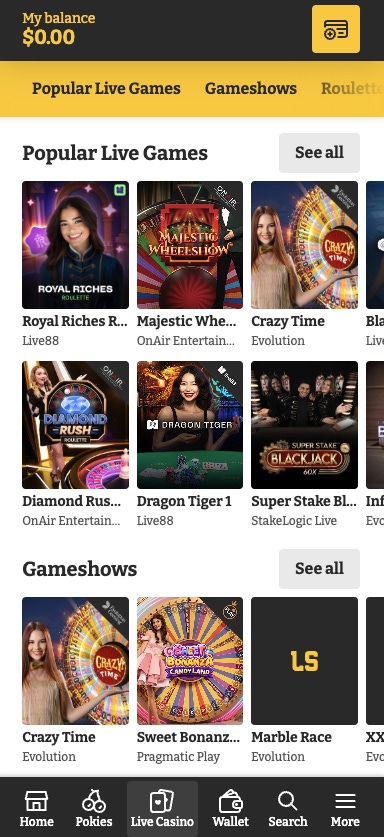 lucky spins live casino games