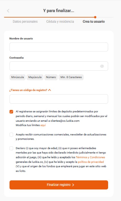 Luckia Colombia - registrarse 3