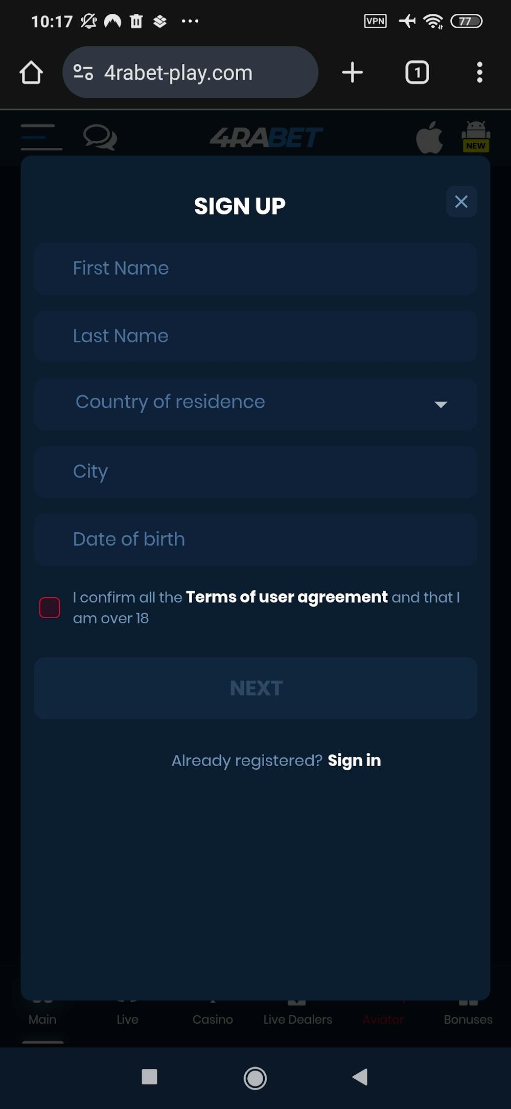 Step1. Visit 4raBet via our link and register an account. 