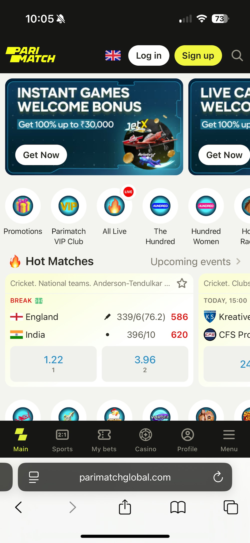 Visit the Parimatch India official site on Safari