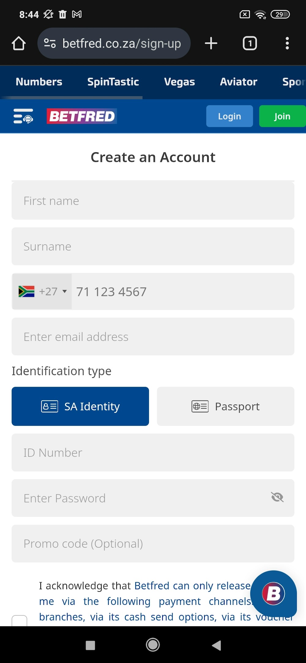 Step1. Visit Betfred SA and register an account.