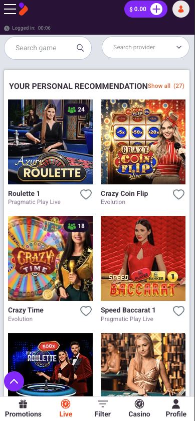 live casino lobby preview at Tonybet casino