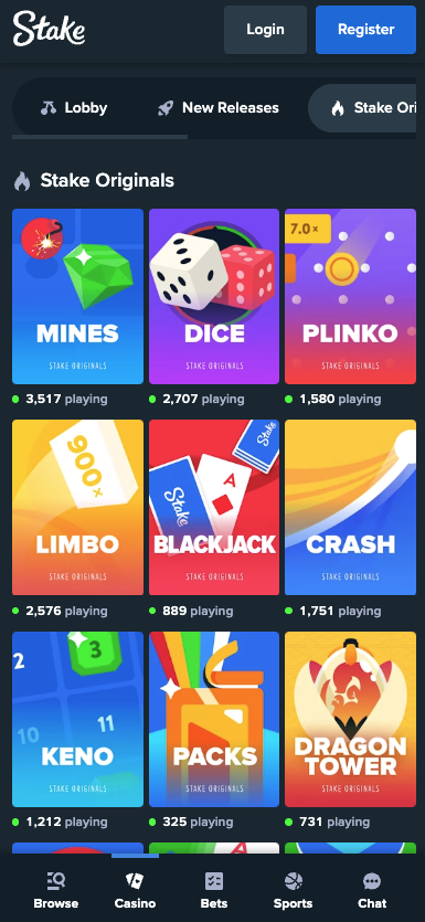 preview of Stake Orginals game selection