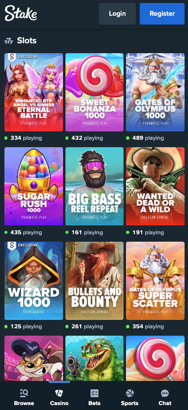 pokies selection at Stake casino