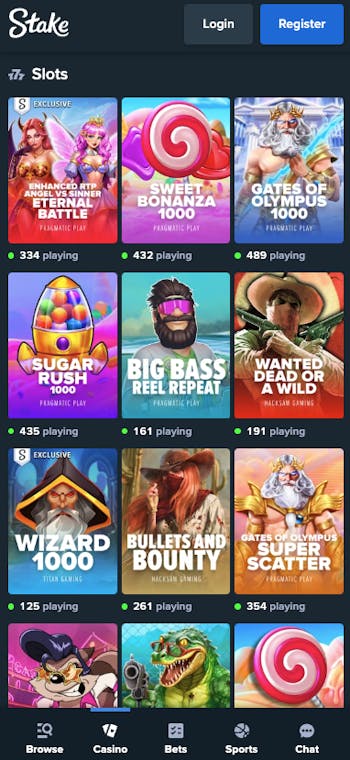 pokies selection at Stake casino