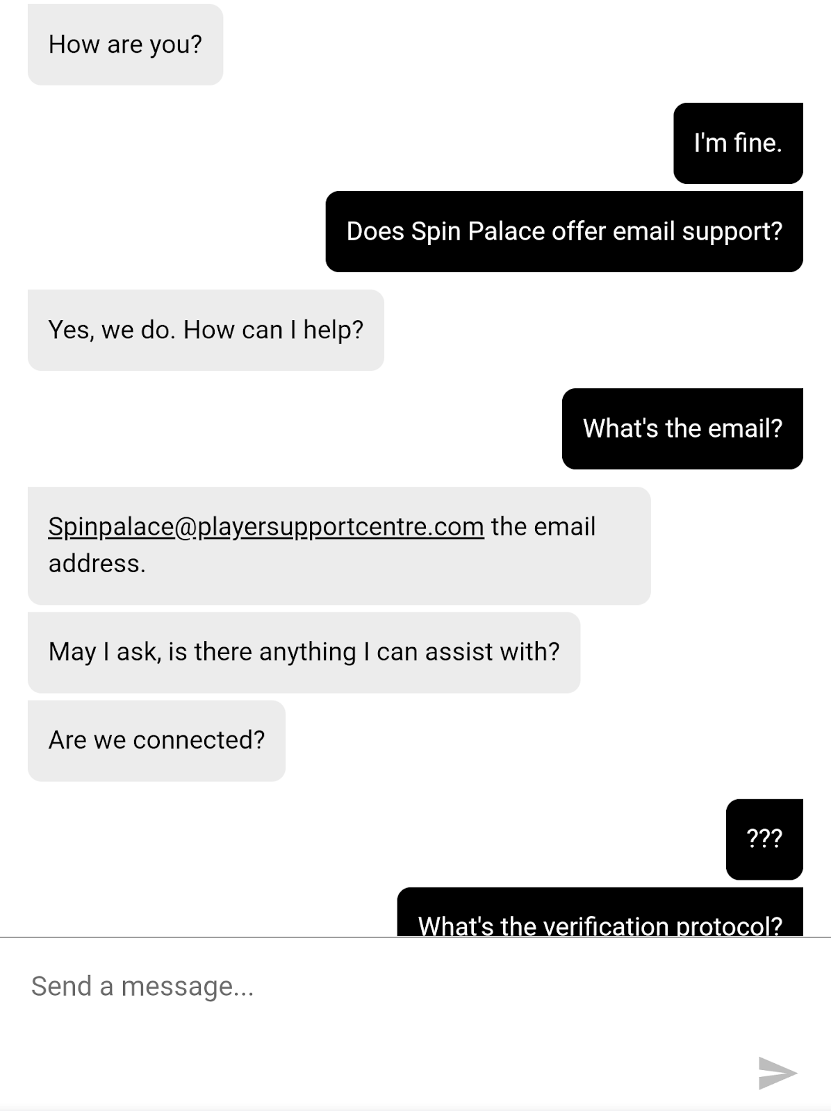 Spin Palace live chat test 