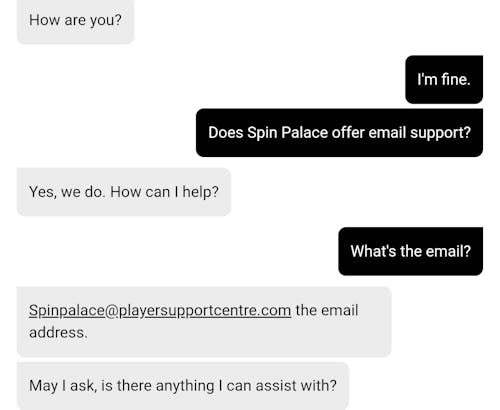 Spin Palace live chat test