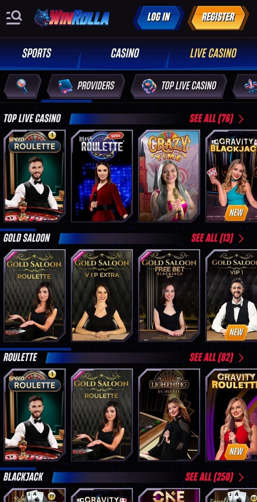 live casino games preview at Win Rolla