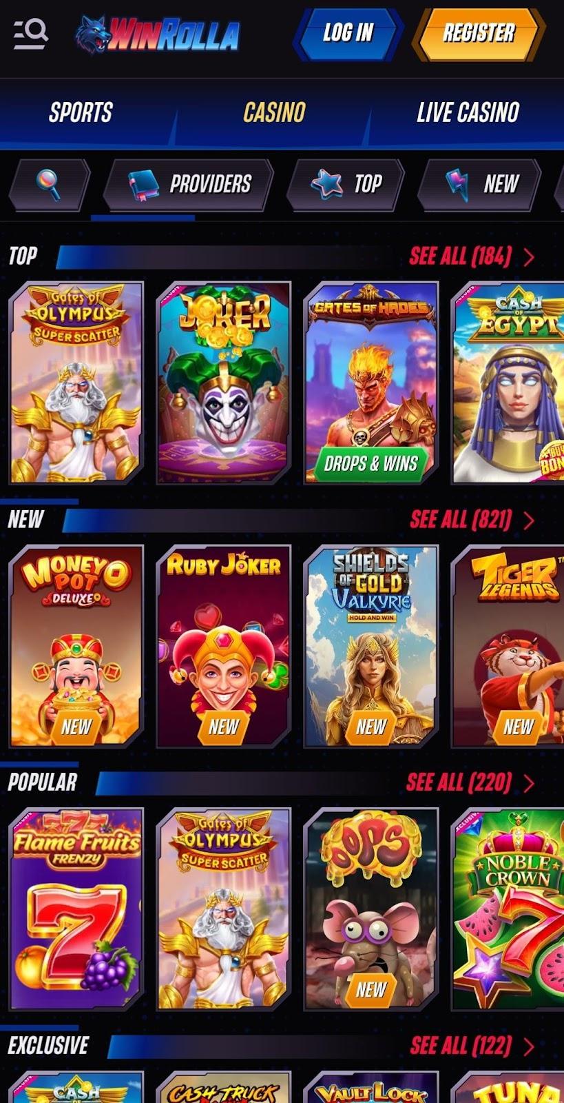 WinRolla casino games selection preview