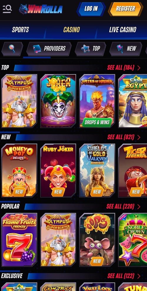 WinRolla casino games selection preview